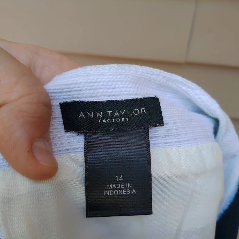 Ann Taylor Straight Skirt Abstract Watercolor Stripe White Blue Cotton 430722